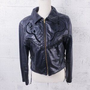 Dallas Leathers Women's 6 Black Leather Fringe Moto Jacket Embroidered Western